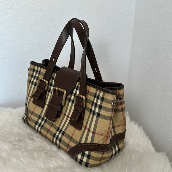 💯Authentic BURBERRY Haymarket Check Buckle Satchel Chocolate🍀 - Picture 5 of 16
